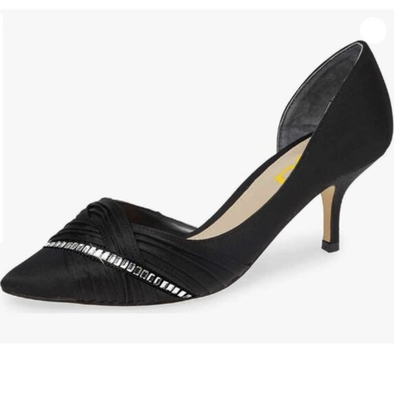 FSJ Women Low Kitten Heels Pointed Toe Slip on Pumps D'Orsay Pleated Satin Black - Picture 1 of 8